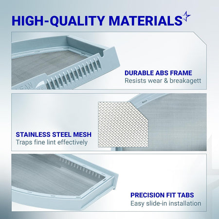 WE03X23881 dryer lint filter infographic showing stainless steel mesh, ABS frame, and precision-fit tabs.