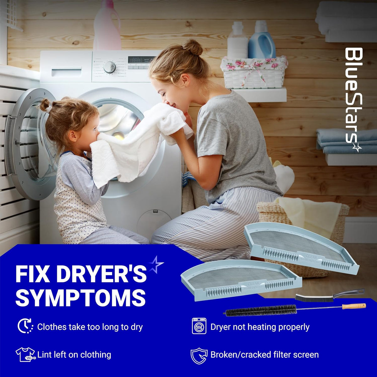 WE03X23881 dryer lint filter replacement, graphic showing two filters, cleaning brushes, and dryer symptom list