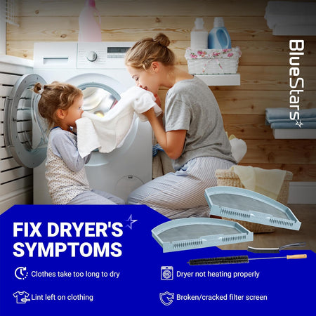 WE03X23881 dryer lint filter replacement, graphic showing two filters, cleaning brushes, and dryer symptom list