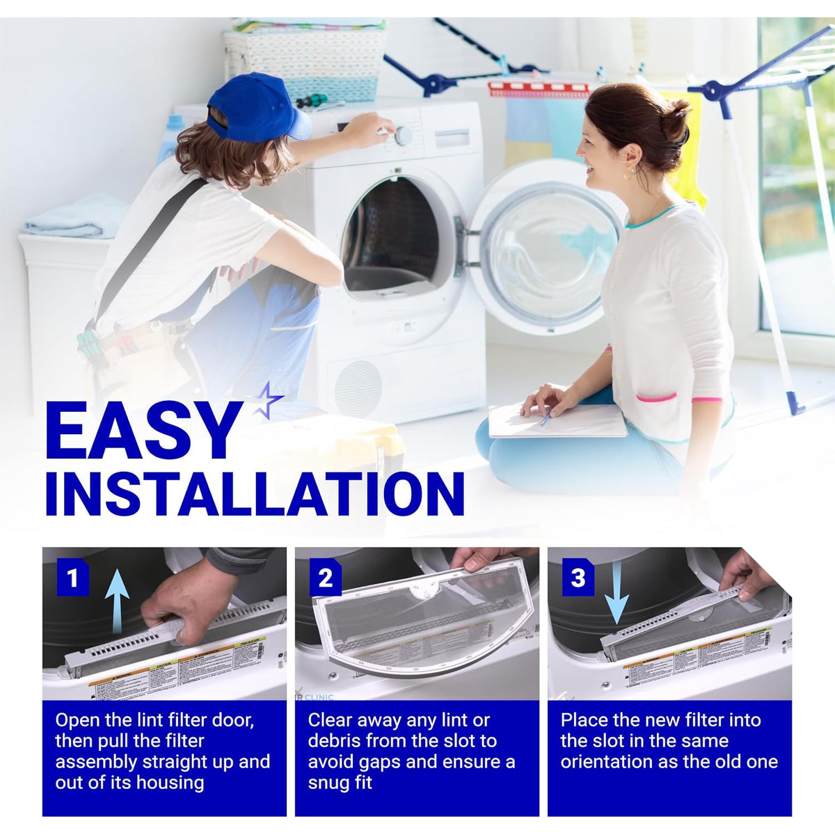 WE03X23881 dryer lint filter installation graphic showing removal, cleaning, and replacement steps