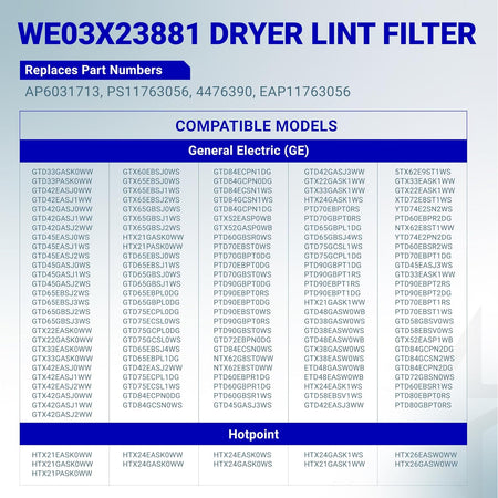 WE03X23881 dryer lint filter compatibility chart listing GE and Hotpoint dryer models and replacement part numbers