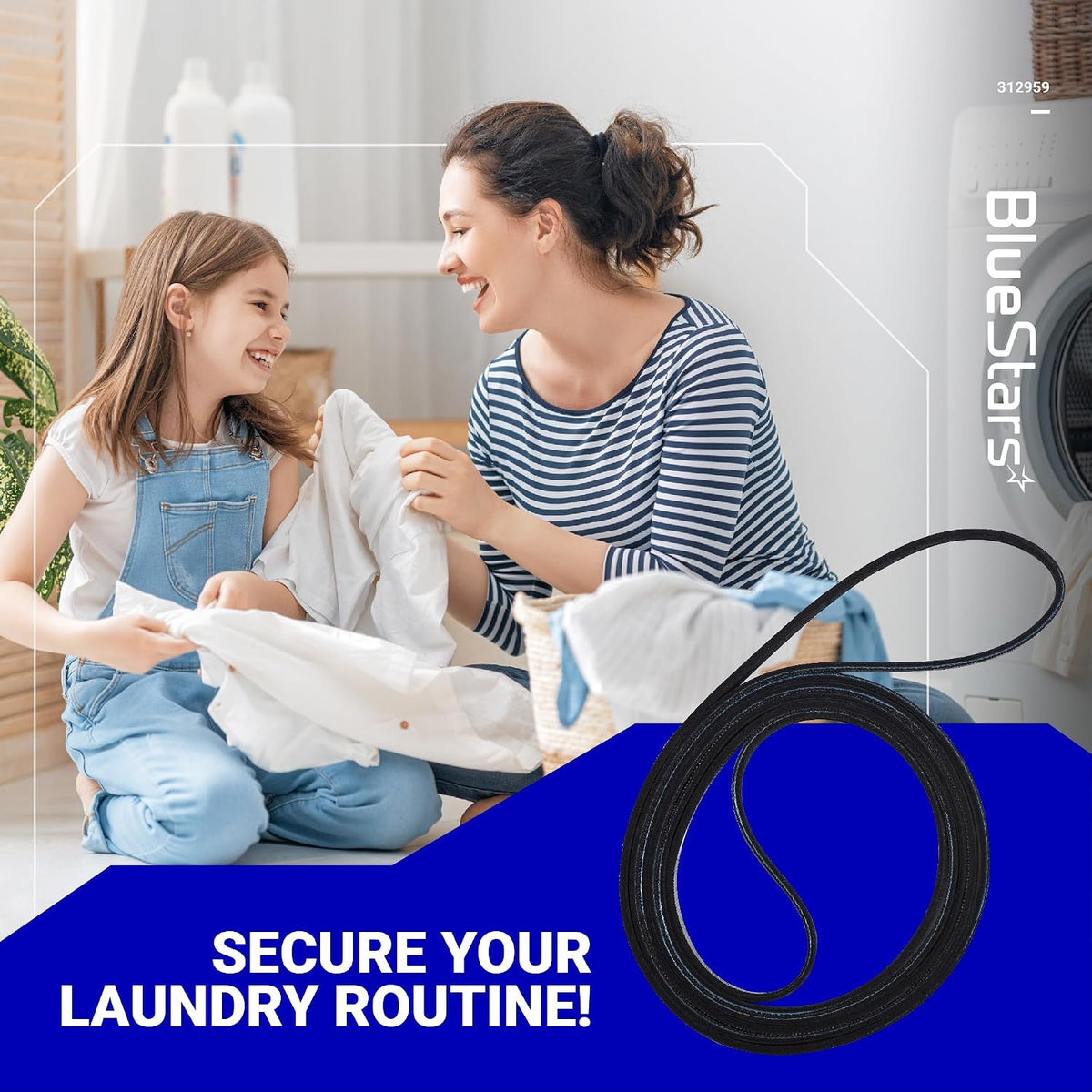 WPY312959 Dryer Belt shown over a laundry scene with a mother, child, folded clothes, and the belt