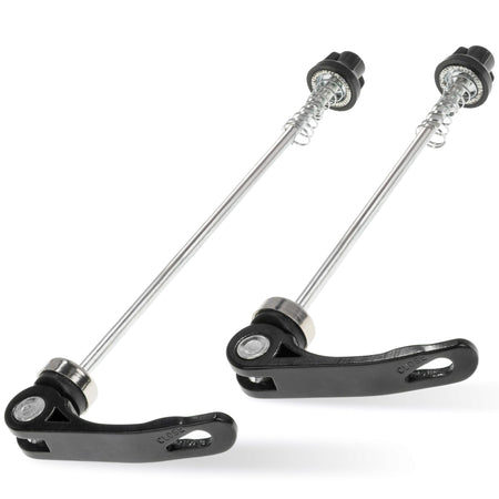 Pair of bicycle quick release skewers with black levers and metal axles for mountain and road bike wheel hubs.