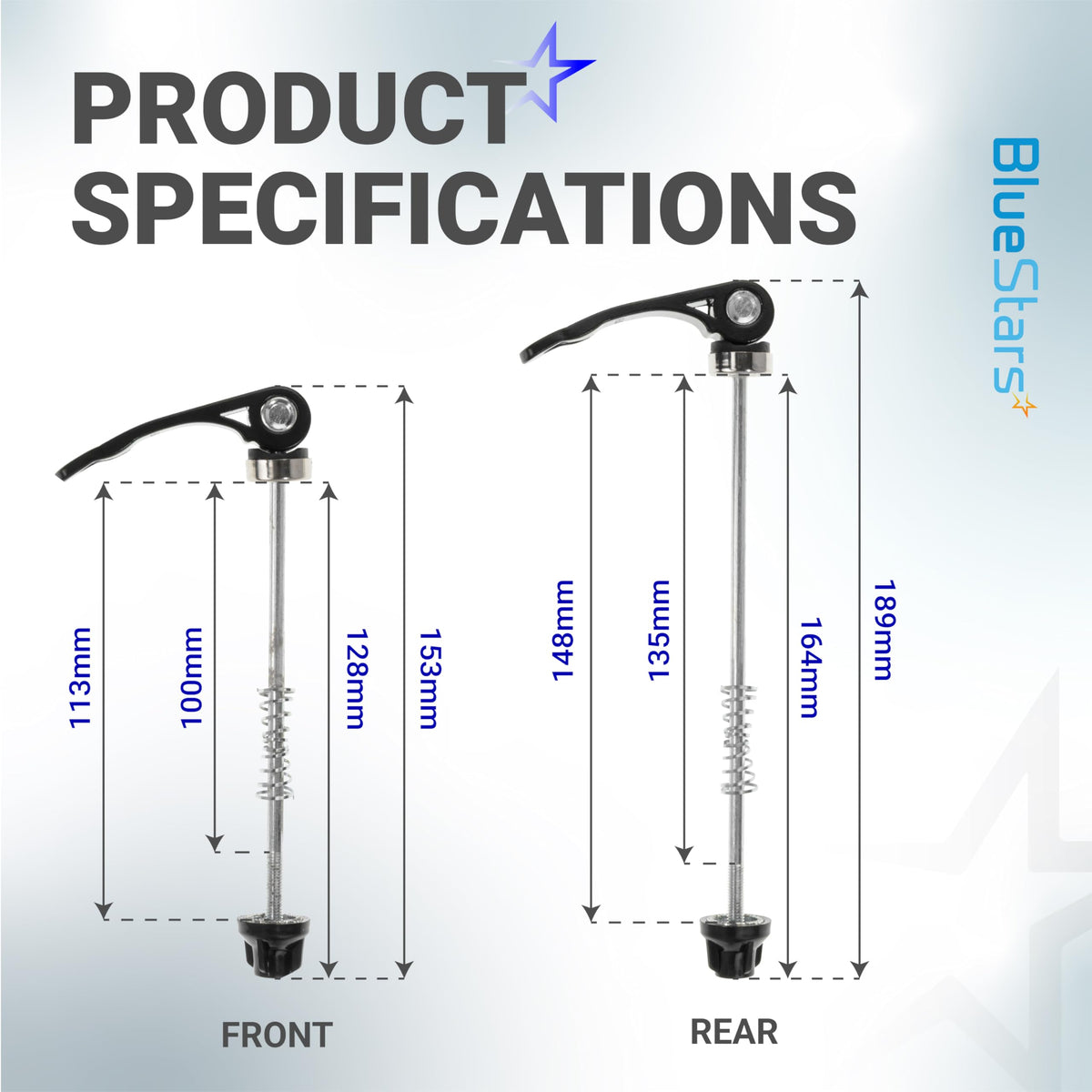 Technical specification diagram showing dimensions for front and rear bicycle quick release wheel skewers.