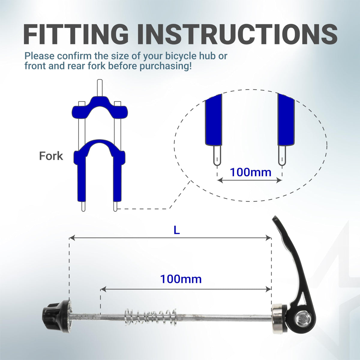 Fitting instructions diagram for bicycle quick release skewer showing 100mm front fork hub measurement.