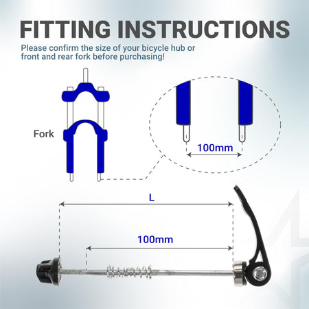 Fitting instructions diagram for bicycle quick release skewer showing 100mm front fork hub measurement.