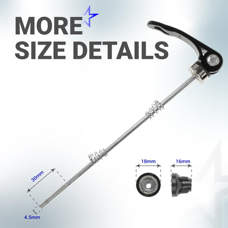 Technical diagram showing dimensions of a bicycle quick release skewer axle and end cap components.