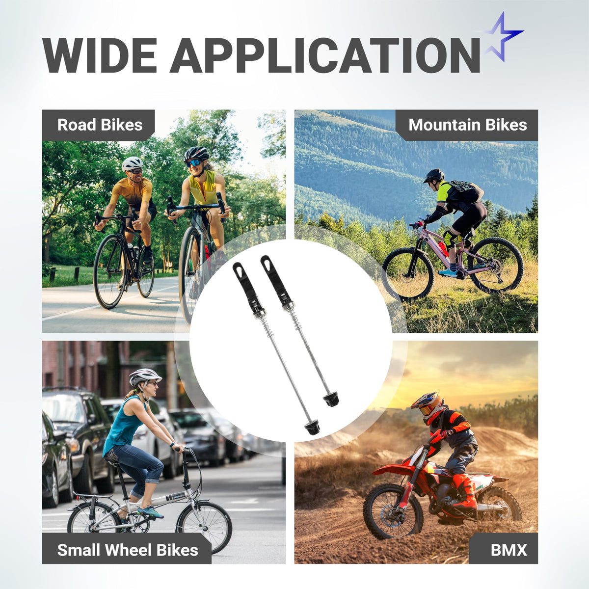Pair of quick release wheel skewers for road, mountain, and BMX bikes shown with lifestyle application examples.
