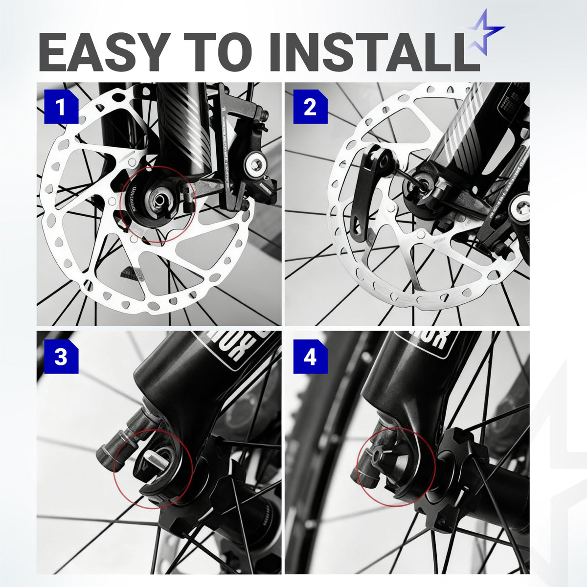 Four-step installation guide for bicycle quick release wheel skewer on a mountain bike fork.