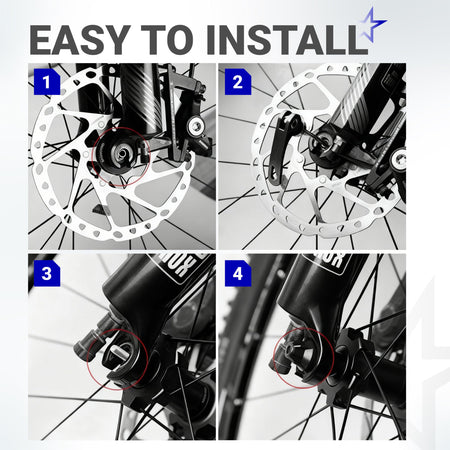 Four-step installation guide for bicycle quick release wheel skewer on a mountain bike fork.
