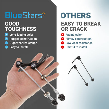 Comparison infographic showing a pair of black aluminium alloy quick release bicycle wheel skewers held in a hand.