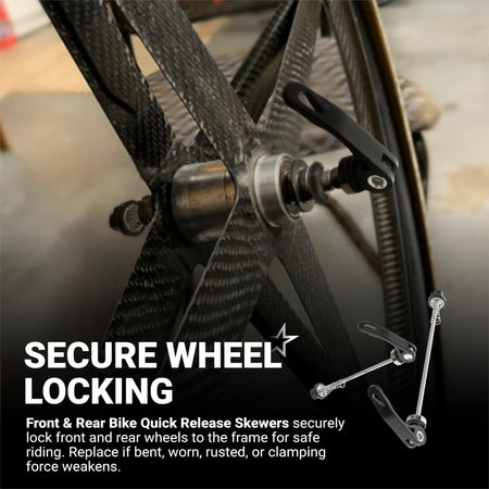 Quick release skewer installed on a bicycle wheel hub with a pair of levers shown for reference.