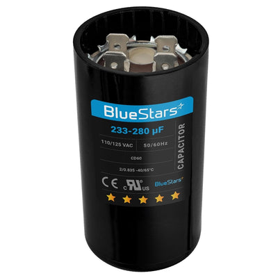 BlueStars 233-280 uF round motor start capacitor with dual terminals for pool and well pumps.