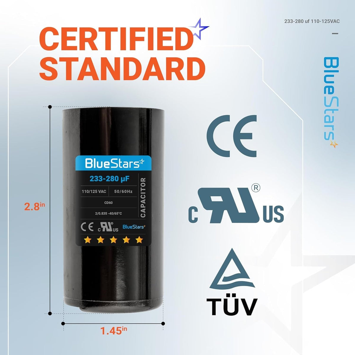 BlueStars 233-280 uF CD60 round motor start capacitor with dimensions labeled for pool and well pump compatibility.