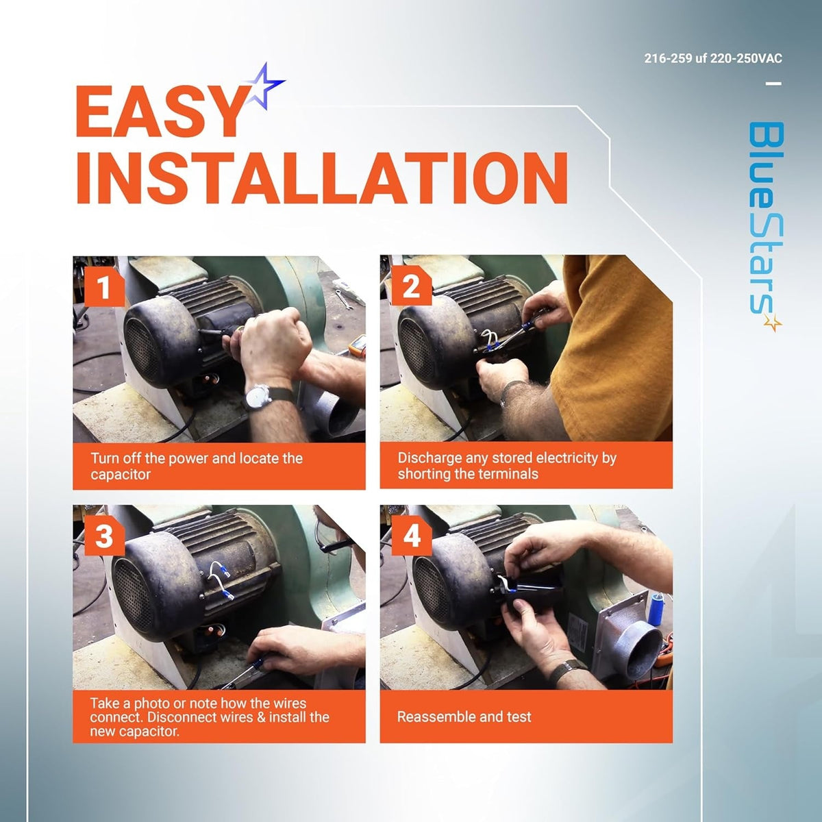 Four-step installation guide for replacing a 216-259 uF motor start capacitor on an AC motor.