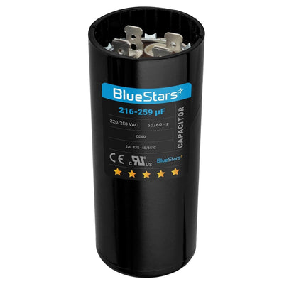 BlueStars 216-259 uF 220-250 VAC round motor start capacitor with terminal connectors.