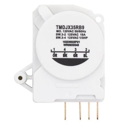 Close-up of WR9X483 refrigerator defrost timer showing model TMDJX35RB9 label and wiring diagram.