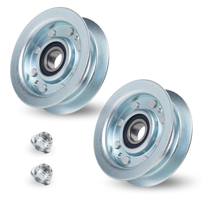Two GY22172 flat idler pulleys and two mounting nuts for John Deere lawn tractor mower decks.