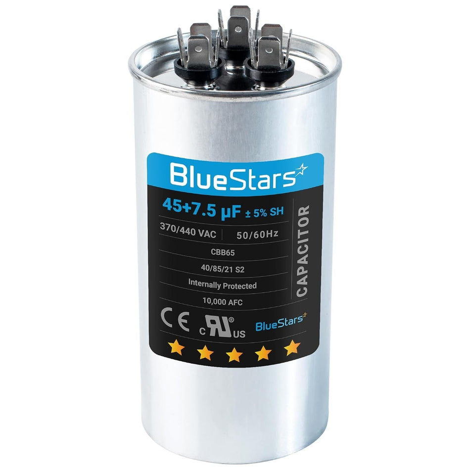 45+7.5 MFD uf 370 or 440 Volt VAC Round Dual Run Capacitor CBB65A