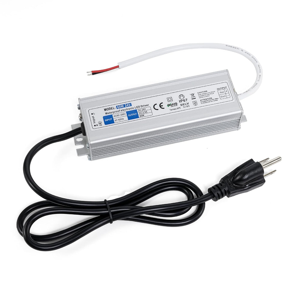 60W 24V LED Power Supply Driver 2.5A AC 100-260V to 24V DC IP67 Waterproof