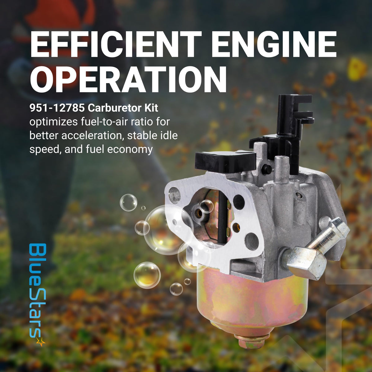951-12785 carburetor replacement for Troy Bilt and Cub Cadet 208cc engines shown in promotional lifestyle graphic.
