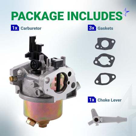 951-12785 carburetor kit including one carburetor, three gaskets, and a choke lever for 208cc engines.