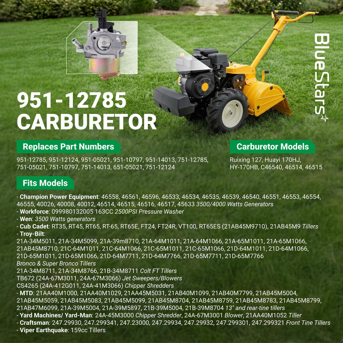 951-12785 carburetor replacement for Troy Bilt tiller and generator engines with compatibility list infographic.