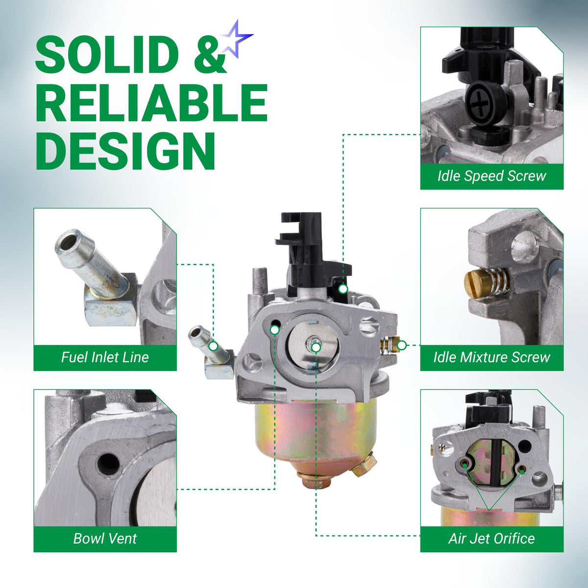 951-12785 carburetor kit diagram showing fuel inlet, idle speed screw, idle mixture screw, bowl vent, and air jet orifice.