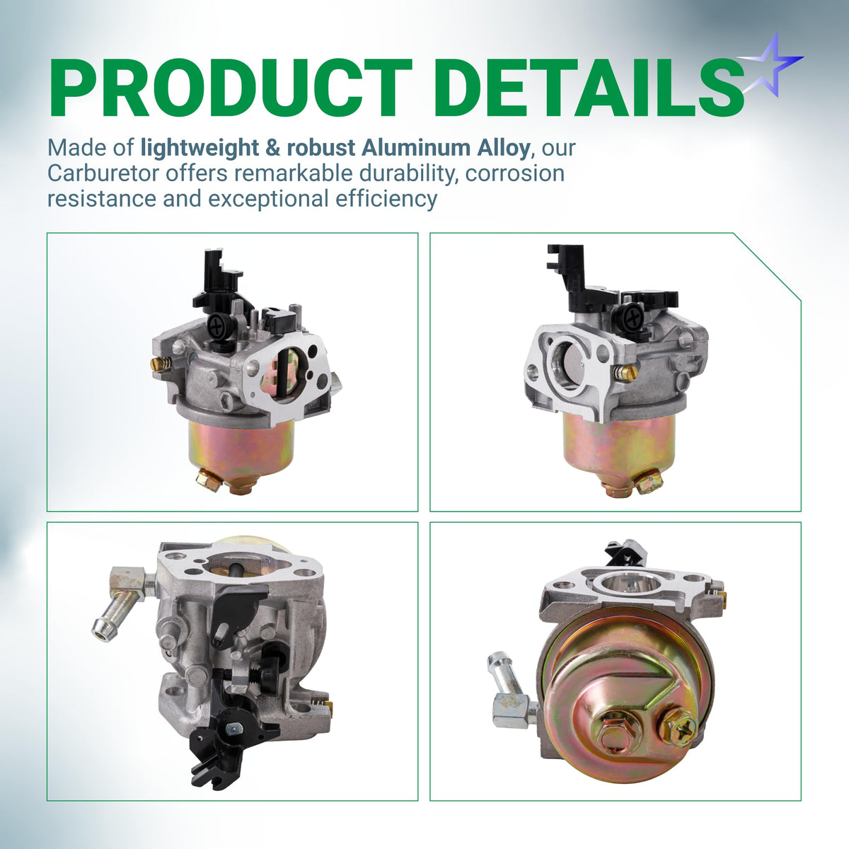 Four-angle view of 951-12785 aluminum alloy carburetor for Troy Bilt and Cub Cadet 208cc engines.