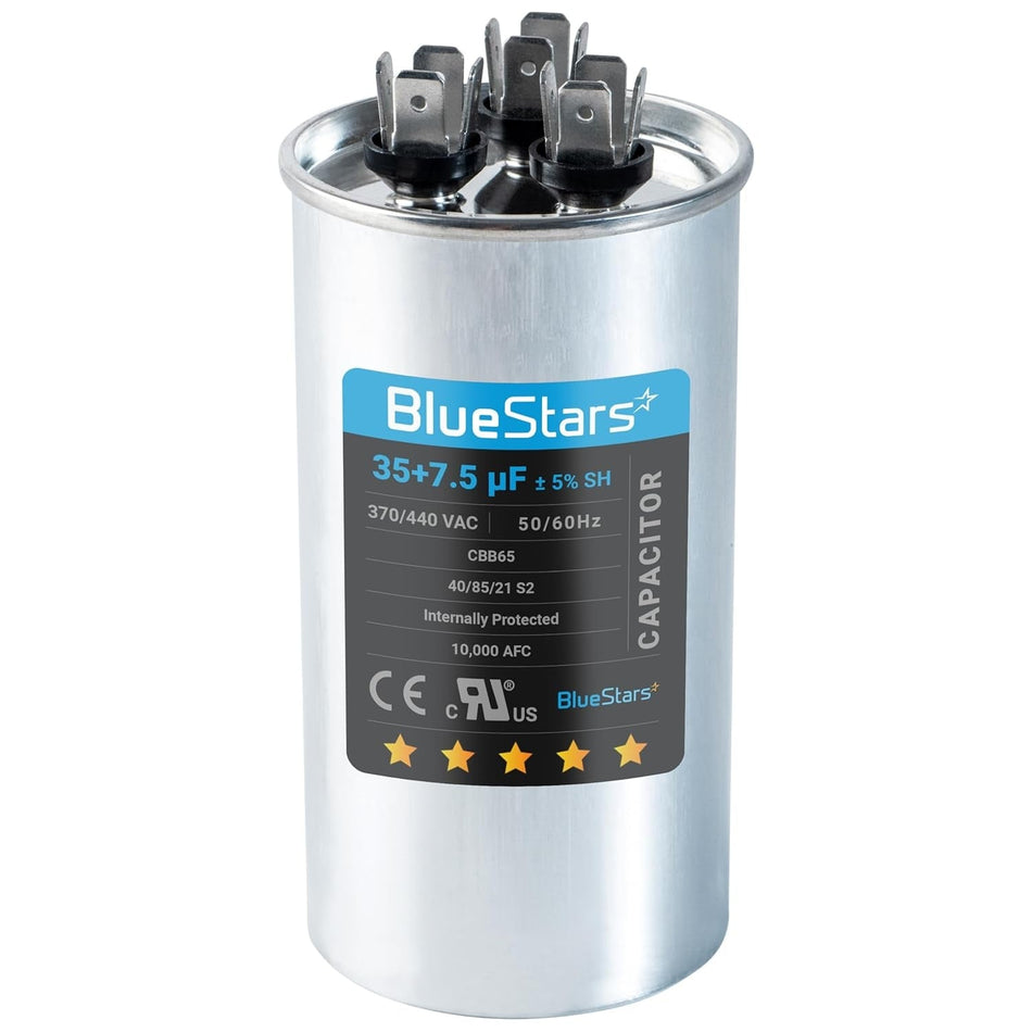 35+7.5 uf MFD ±5% 370 or 440 Volt AC CBB65B Dual Run Round Capacitor
