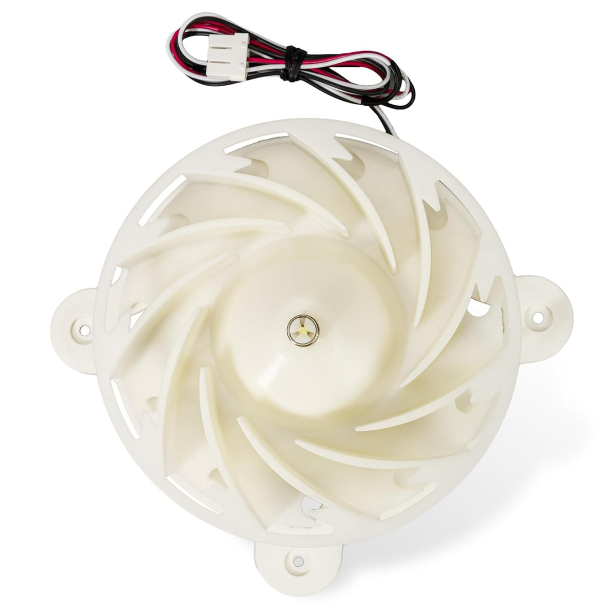 DA31-00342A refrigerator evaporator fan motor with white plastic blade assembly and wiring harness.