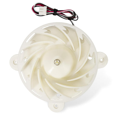 DA31-00342A refrigerator evaporator fan motor with white plastic blade assembly and wiring harness.