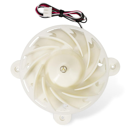 DA31-00342A refrigerator evaporator fan motor with white plastic blade assembly and wiring harness.