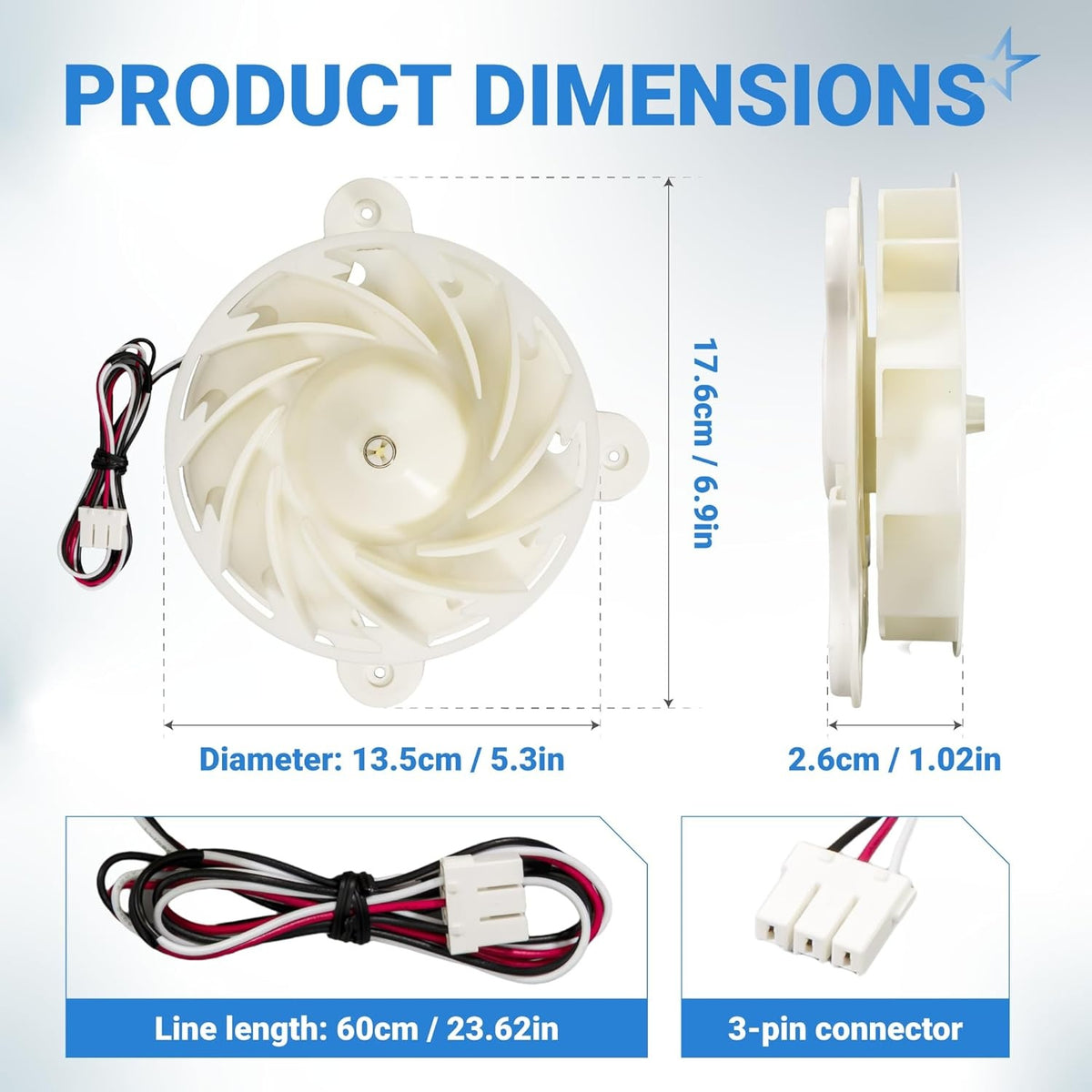 Dimension diagram of DA31-00342A refrigerator evaporator fan motor showing size, wire length, and 3-pin connector.