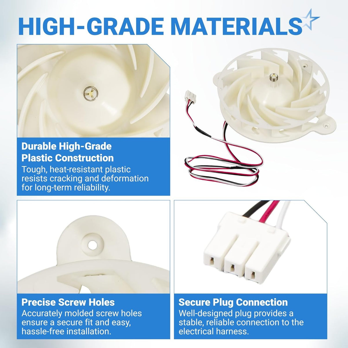 DA31-00342A refrigerator evaporator fan motor showing high-grade plastic construction, screw holes, and plug connection.