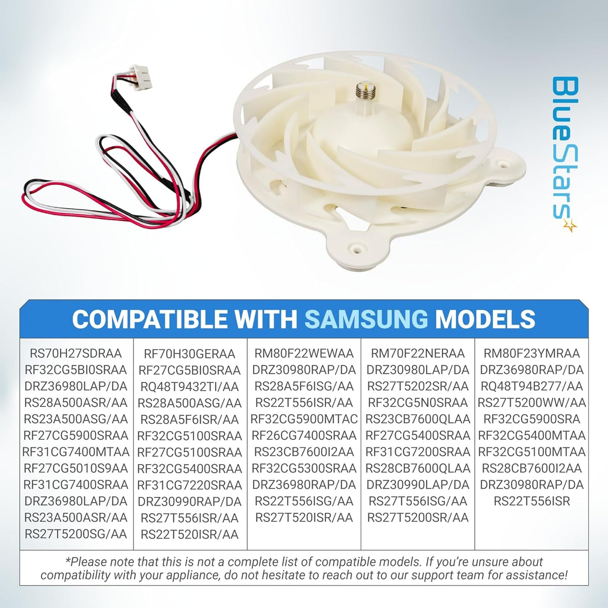 DA31-00342A refrigerator evaporator fan motor with white blade and wiring harness for Samsung refrigerators.