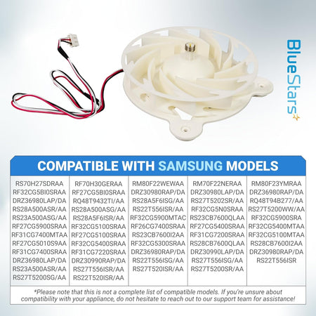 DA31-00342A refrigerator evaporator fan motor with white blade and wiring harness for Samsung refrigerators.