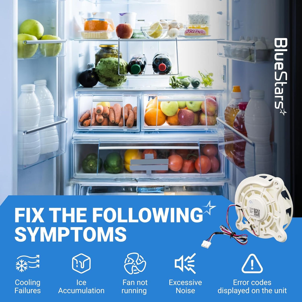 DA31-00342A refrigerator evaporator fan motor shown with symptom troubleshooting guide for Samsung refrigerators.