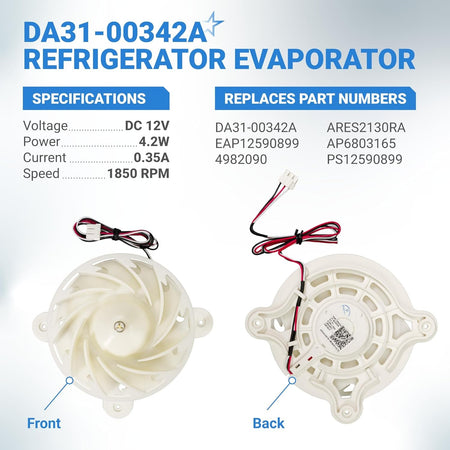 DA31-00342A refrigerator evaporator fan motor showing front and back views with technical specifications.
