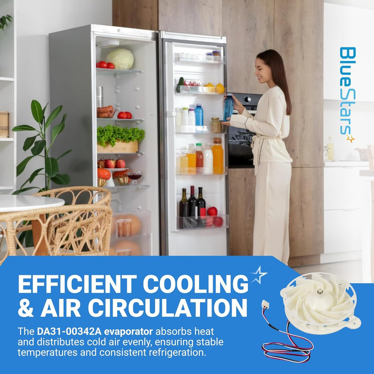 DA31-00342A refrigerator evaporator fan motor with blade for Samsung refrigerators, shown in lifestyle graphic.