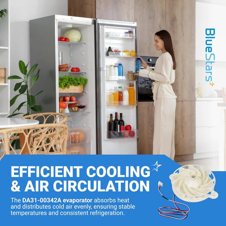 DA31-00342A refrigerator evaporator fan motor with blade for Samsung refrigerators, shown in lifestyle graphic.