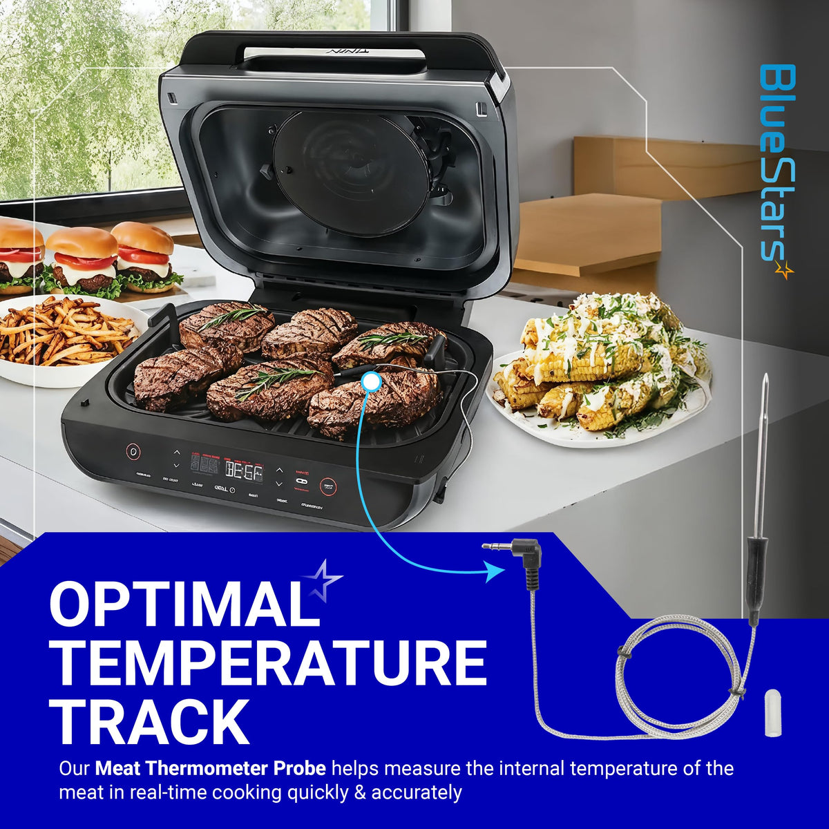 Replacement meat thermometer probe for Ninja Foodi indoor grill, showing probe inserted into steak on grill grate.
