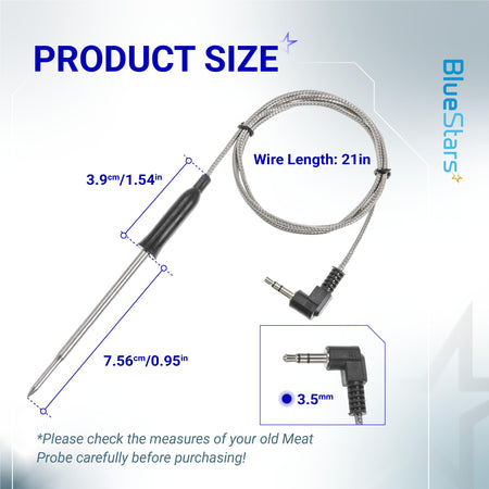 Meat probe thermometer replacement with dimensions, 21-inch braided wire, and 3.5mm right-angle jack plug.