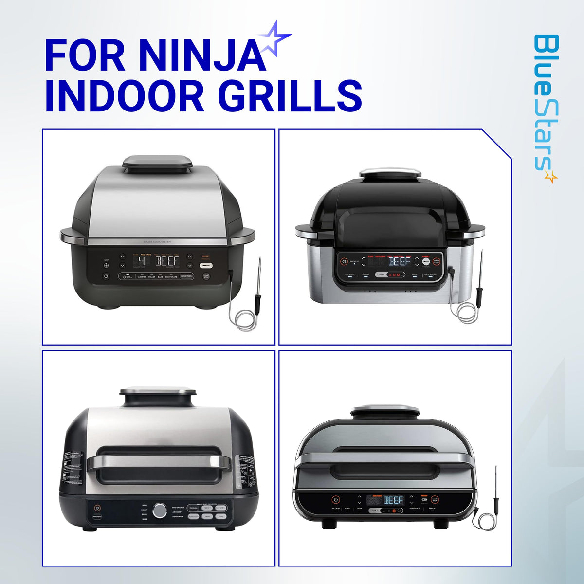 Four different models of Ninja indoor grills with digital control panels and integrated food thermometers.