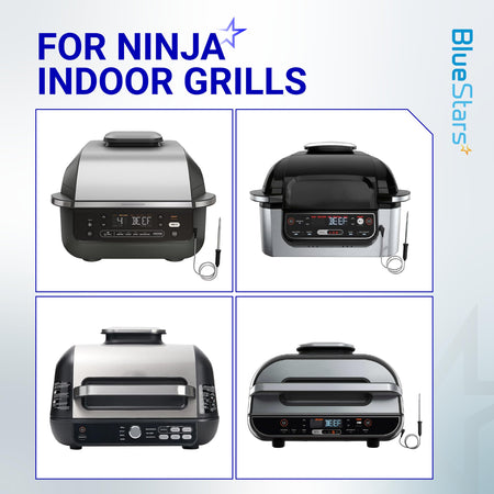 Four different models of Ninja indoor grills with digital control panels and integrated food thermometers.