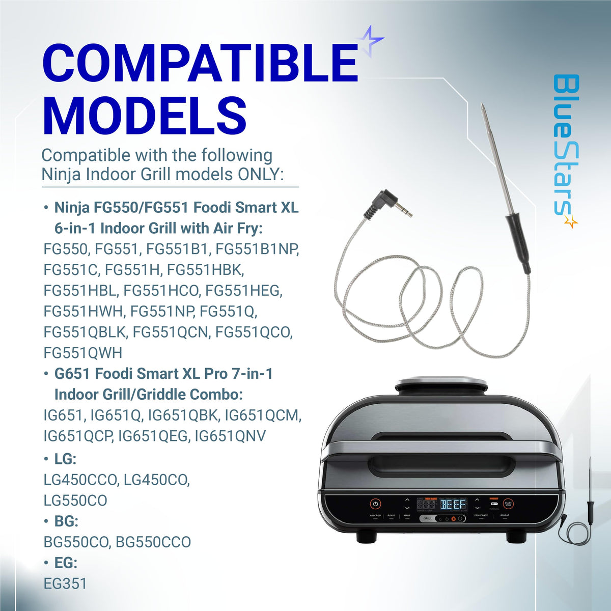 Replacement digital meat thermometer probe compatible with Ninja Foodi Smart XL indoor grills.
