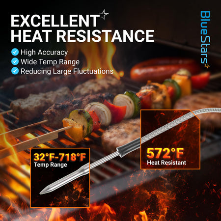 BlueStars meat thermometer probe showing 32°F-718°F temperature range and 572°F heat resistance over a grill background.