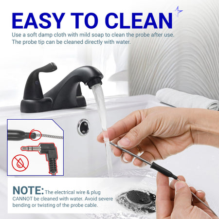 Instructional graphic showing how to clean a meat thermometer probe tip under running water while avoiding the plug.