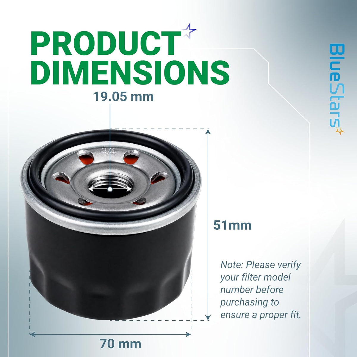 951-12690 LT4200 Oil Filter product dimensions diagram showing 19.05 mm center, 51 mm height, and 70 mm diameter