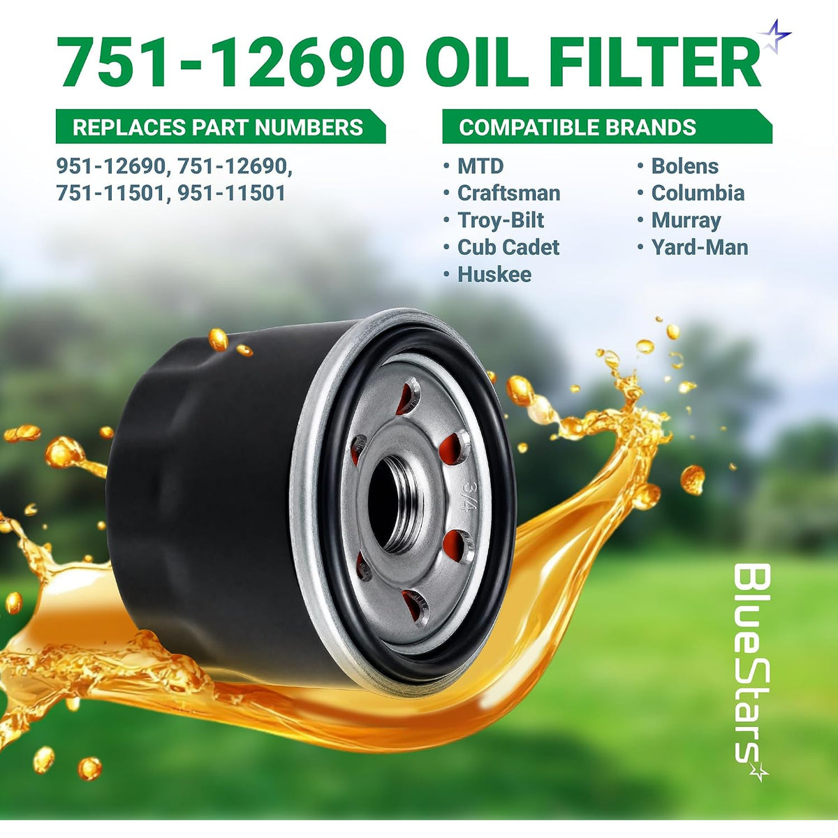 951-12690 LT4200 Oil Filter, angled product graphic with replacement part numbers and compatible brands listed
